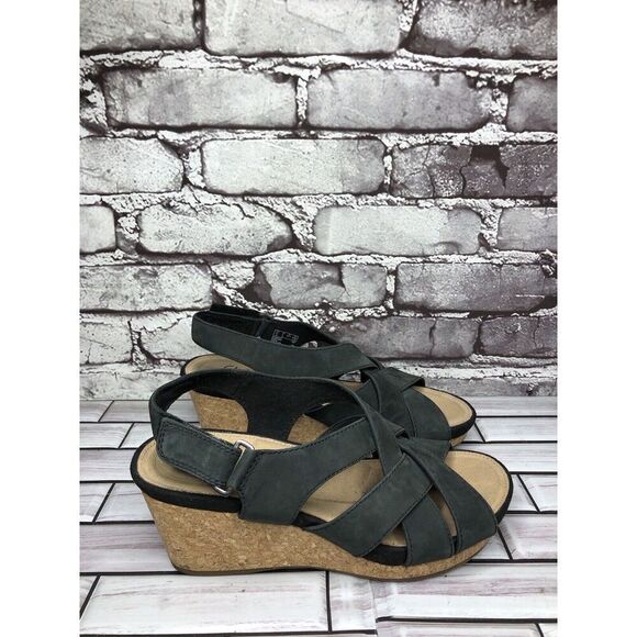 Clarks Unstructured Black Leather Criss Cross Strap Cork Wedge Sandals Women 7M - Picture 10 of 16